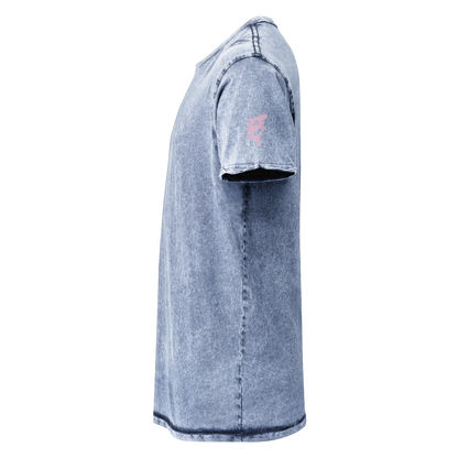 Scuba Denim T-Shirt, denimblaues Shirt mit pinkem Fisch-Print am Ärmel