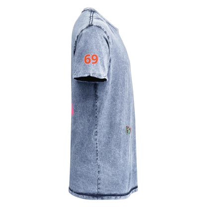 Denim blue scuba denim T-shirt, side view, crew neck, short sleeves, graphic 69