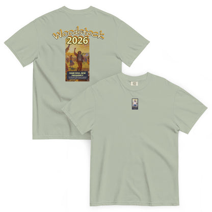 Sage green heavyweight t-shirt, back graphic “Woodstock 2026” and front logo patch