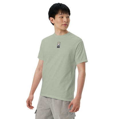 Sage green heavyweight t-shirt with small front graphic patch