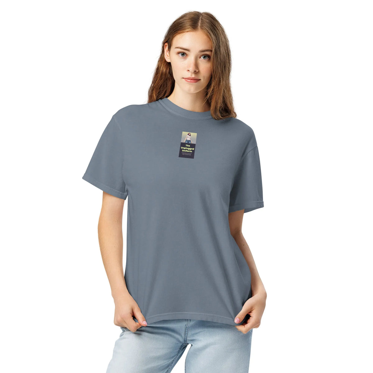 Heritage#2 garment-dyed heavyweight t-shirt in Blue-Jean – Vorderansicht Detail