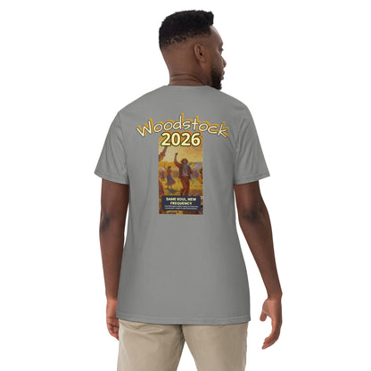 Grey heavyweight T-shirt, back Woodstock 2026 graphic