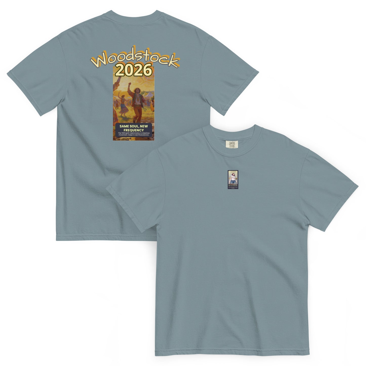 Ice Blue T-Shirt, Rückseite mit „Woodstock 2026“-Print