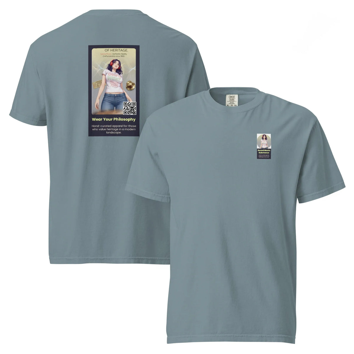 Heritage#1 garment-dyed heavyweight t-shirt in Ice-Blue – Vorderansicht Detail