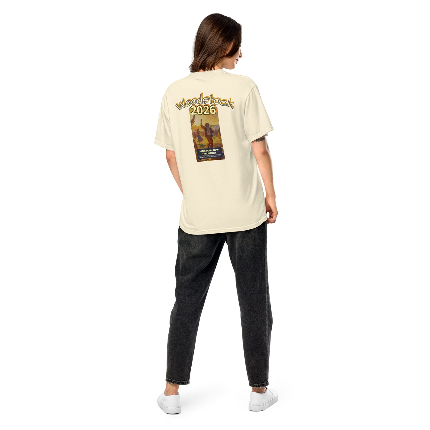 Ivory heavyweight t-shirt from behind, “Woodstock 2026” back graphic