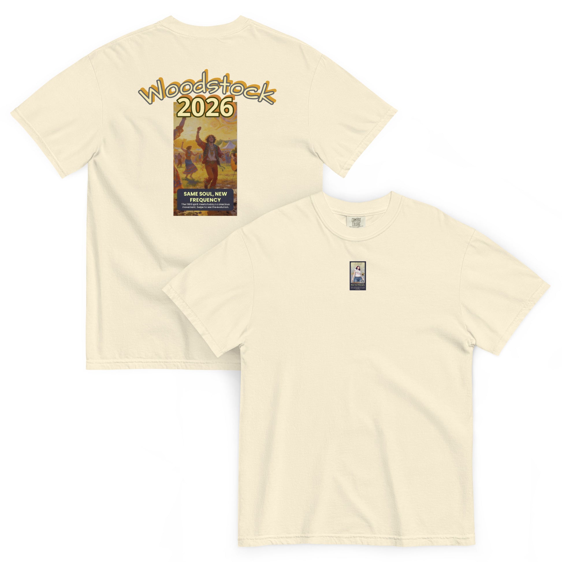 Ivory heavyweight t-shirt with back graphic “Woodstock 2026” and front logo patch