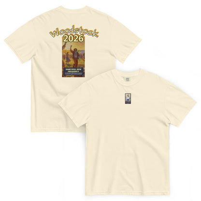 Ivory heavyweight t-shirt with back graphic “Woodstock 2026” and front logo patch