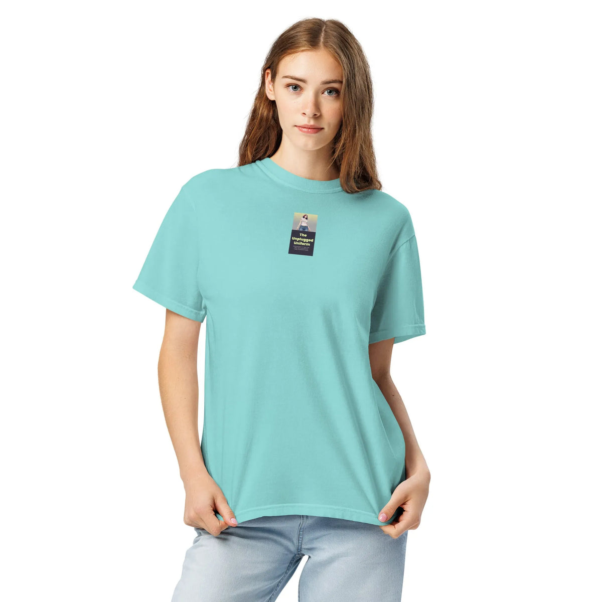 Heritage#2 garment-dyed heavyweight t-shirt in Lagoon-Blue – Vorderansicht Detail