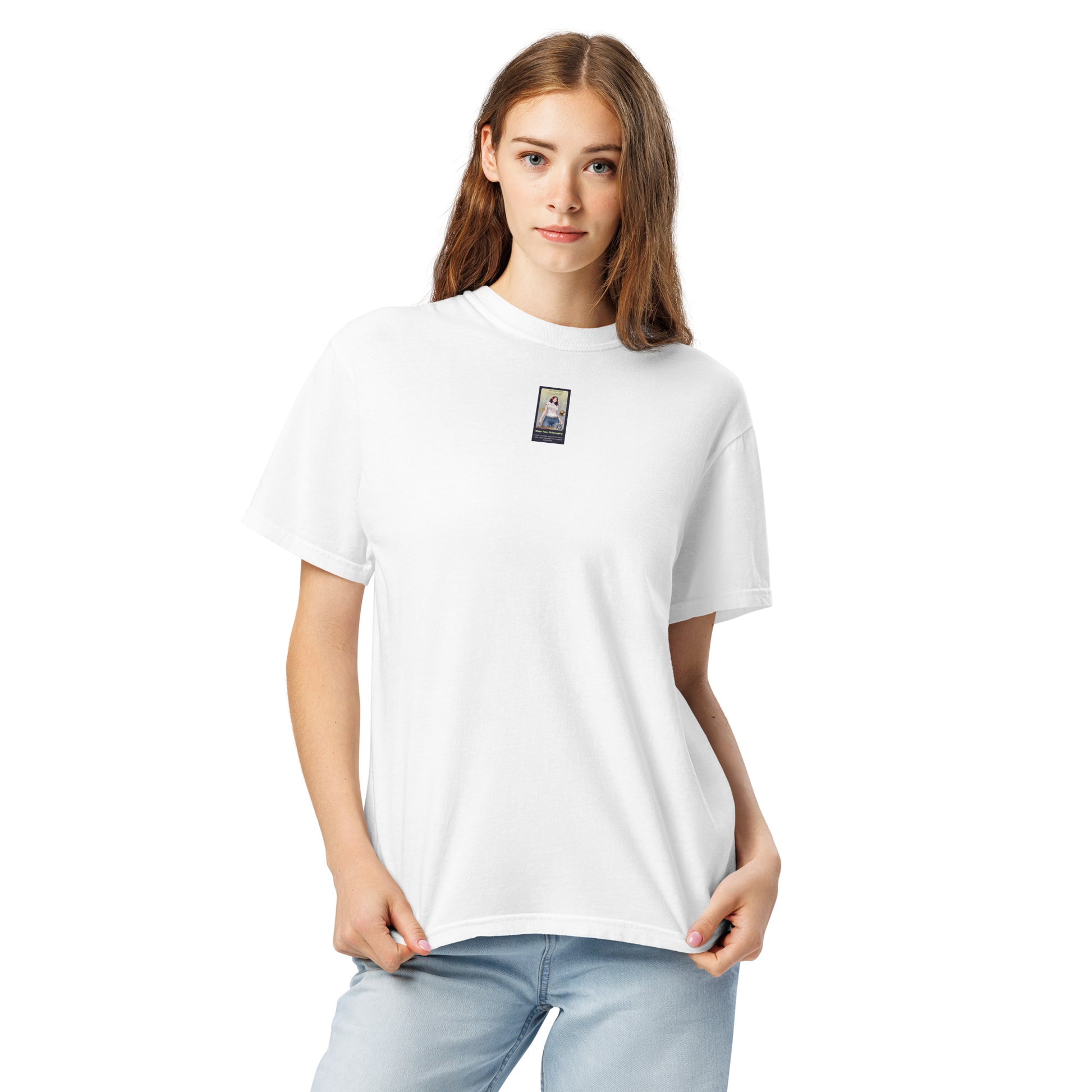 White heavyweight t-shirt with small front graphic patch