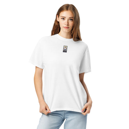White heavyweight t-shirt with small front graphic patch