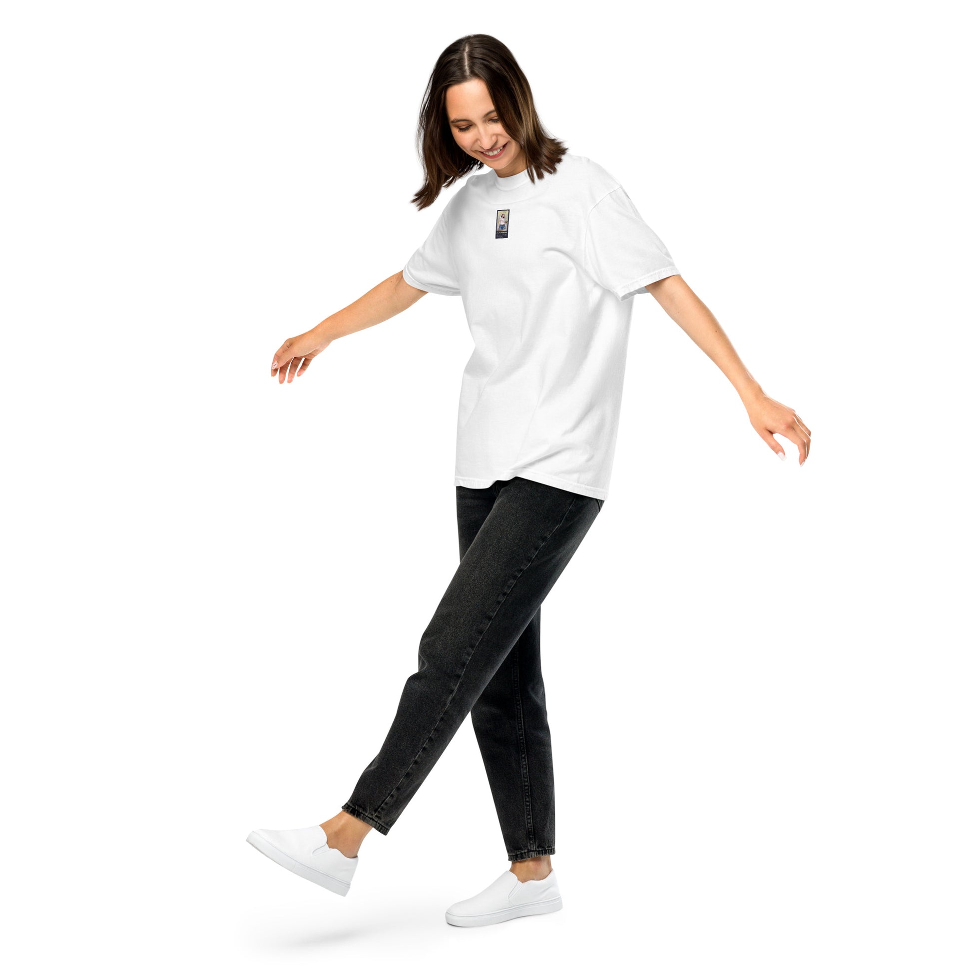 White heavyweight t-shirt with small front graphic patch, relaxed fit