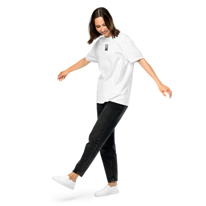 White heavyweight t-shirt with small front graphic patch, relaxed fit
