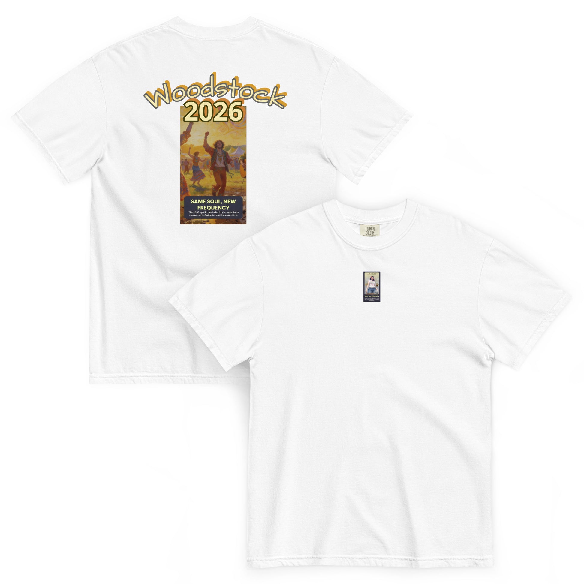 Weißes T-Shirt, Rückseite mit „Woodstock 2026“-Print