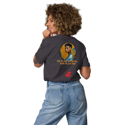 Black unisex organic cotton T-shirt, back print with circular portrait and red logo