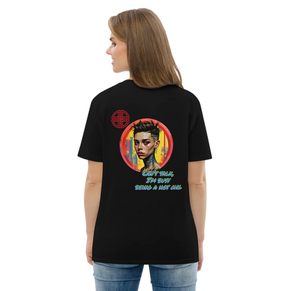 Unisex organic cotton t-shirt, black, back heart portrait graphic, crew neck, short sleeves