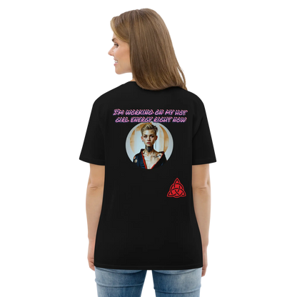 Black unisex organic cotton T-shirt, back graphic text, portrait circle and red logo
