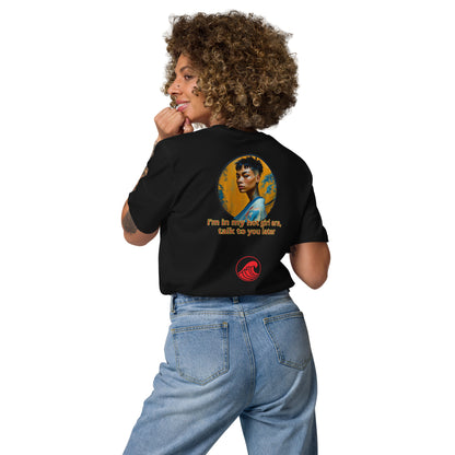 Black unisex organic cotton T-shirt, large back graphic with portrait and slogan