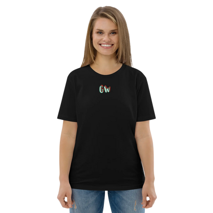 Unisex organic cotton t-shirt, black, small front “GW” logo, crew neck, short sleeves