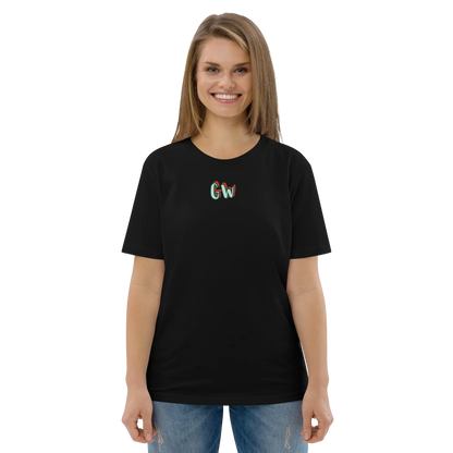 Black unisex organic cotton T-shirt with small multicolor chest logo
