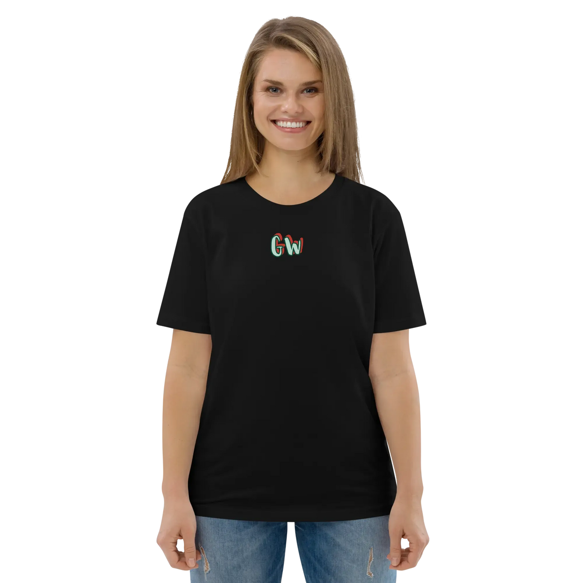 Black unisex organic cotton T-shirt with small multicolor chest logo