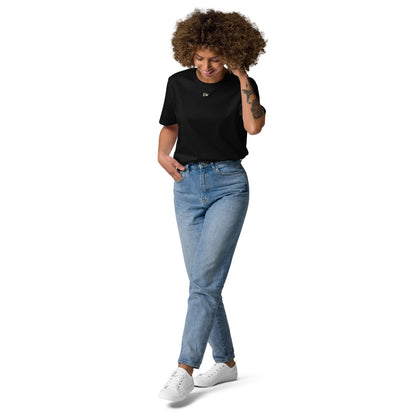 Black unisex organic cotton T-shirt, small chest logo
