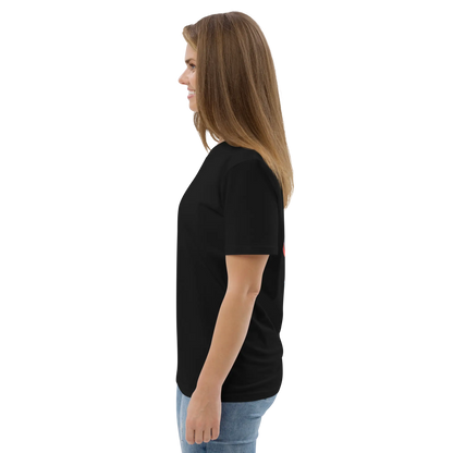 Unisex organic cotton t-shirt, black, three-quarter side view, short sleeve silhouette