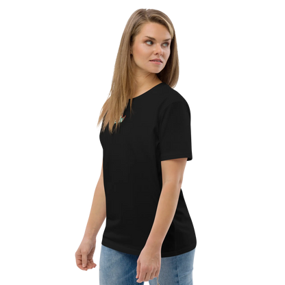 Black unisex organic cotton T-shirt, side view with small multicolor chest logo