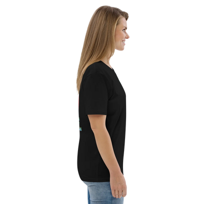 Unisex organic cotton t-shirt, black, profile side view, short sleeves and crew neck