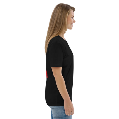 Black unisex organic cotton T-shirt, red triquetra emblem on back hem