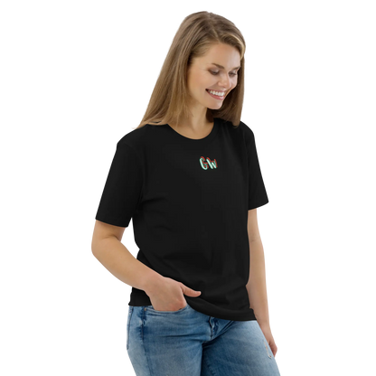 Unisex organic cotton t-shirt, black, front “GW” logo, relaxed fit, crew neck