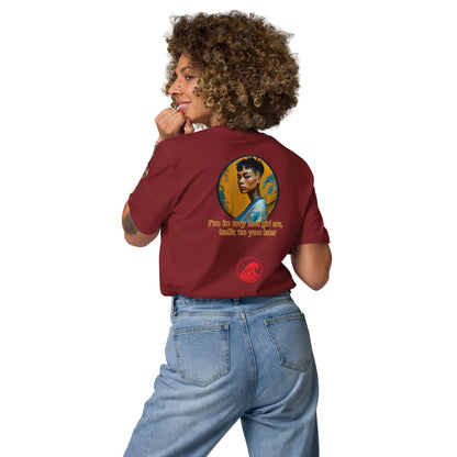 Burgundy unisex organic cotton T-shirt, large back graphic with portrait and slogan