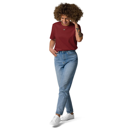 Burgundy unisex organic cotton T-shirt, small chest logo