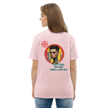 Pink unisex organic cotton T-shirt, back graphic print and crew neck, short sleeves.