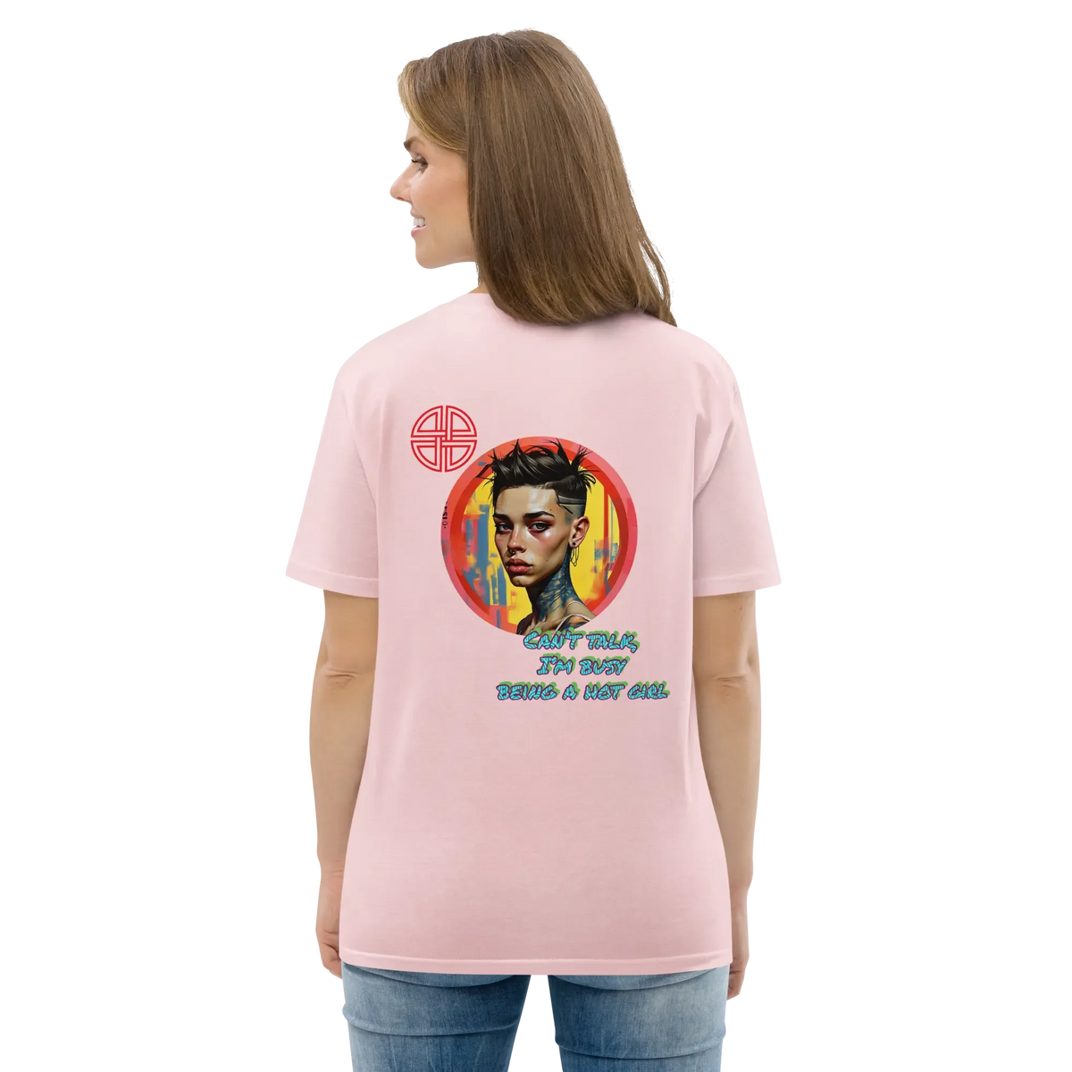 Pink unisex organic cotton T-shirt, back graphic print and crew neck, short sleeves.
