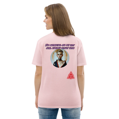 Unisex organic cotton T-shirt, light pink back print with circular figure and emblem