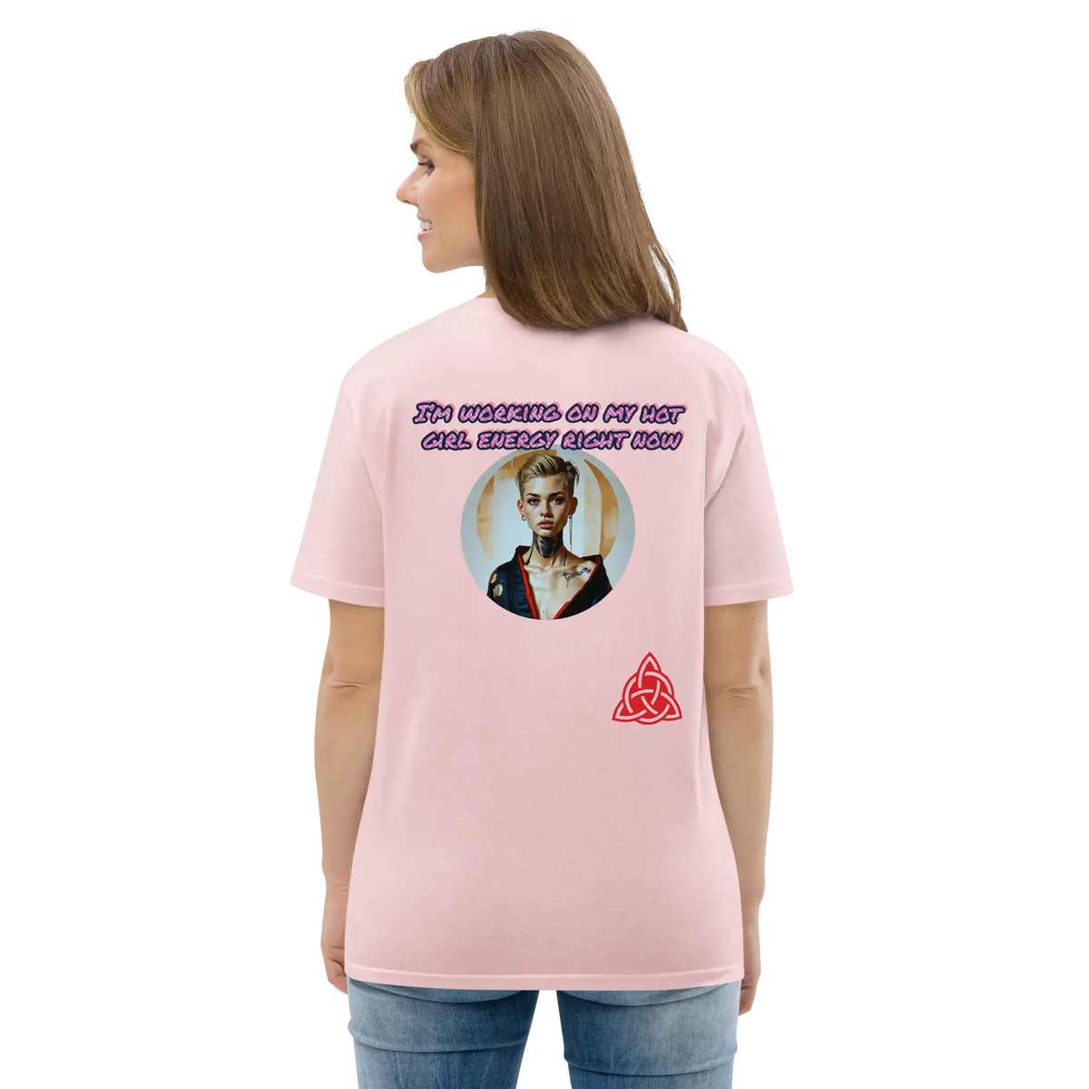 Unisex organic cotton T-shirt, light pink back print with circular figure and emblem