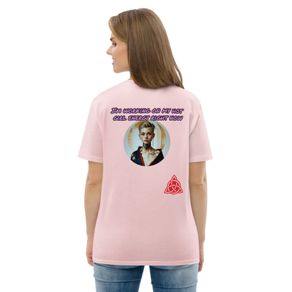 Unisex organic cotton T-shirt, light pink back print with circular figure and emblem