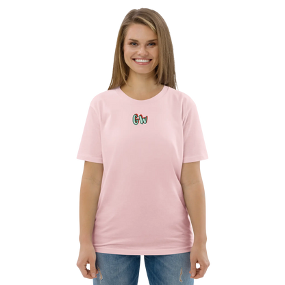 Pink unisex organic cotton T-shirt with small chest logo, crew neck and short sleeves.