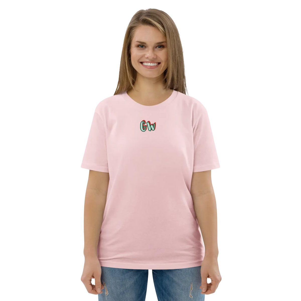 Pink unisex organic cotton T-shirt with small chest logo, crew neck and short sleeves.