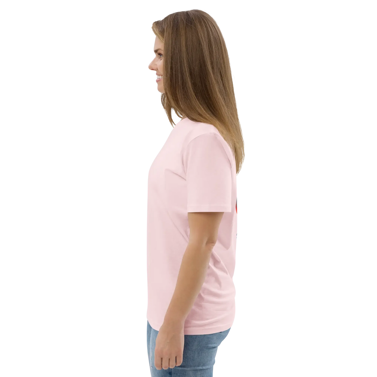 Pink unisex organic cotton T-shirt, back-to-side view with crew neck and short sleeves.