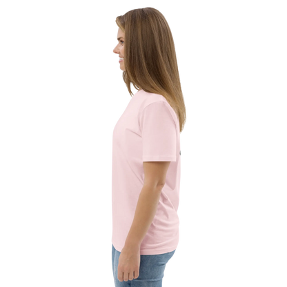 Pink unisex organic cotton T-shirt side view, short sleeves and straight hem