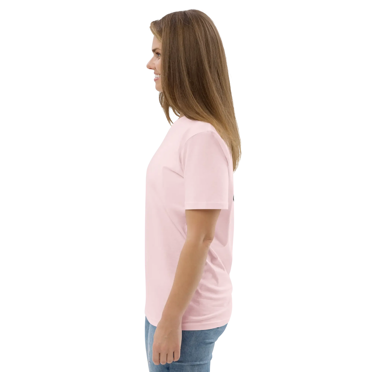 Pink unisex organic cotton T-shirt side view, short sleeves and straight hem