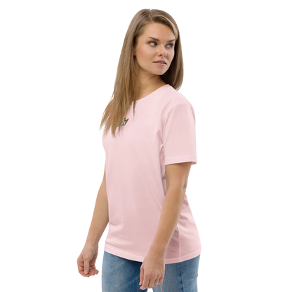Pink unisex organic cotton T-shirt with crew neck and small chest logo