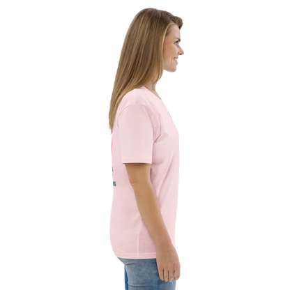 Pink unisex organic cotton T-shirt, side view showing relaxed fit and short sleeves.