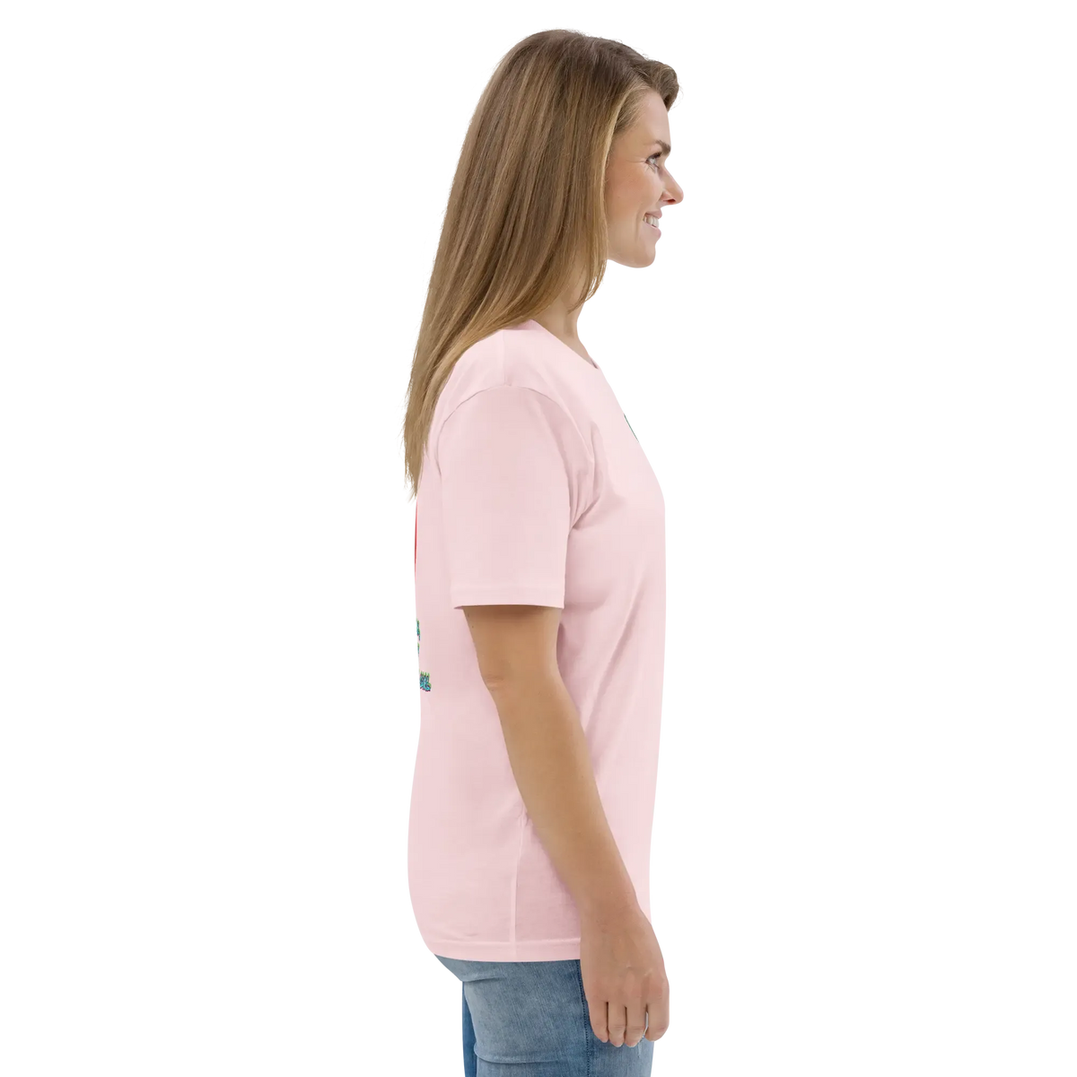 Pink unisex organic cotton T-shirt, side view showing relaxed fit and short sleeves.