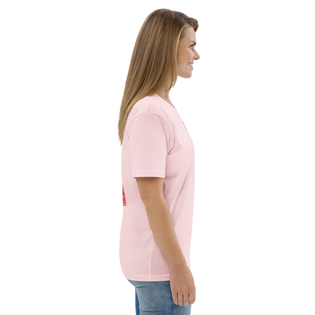Pink unisex organic cotton T-shirt in side view with short sleeves