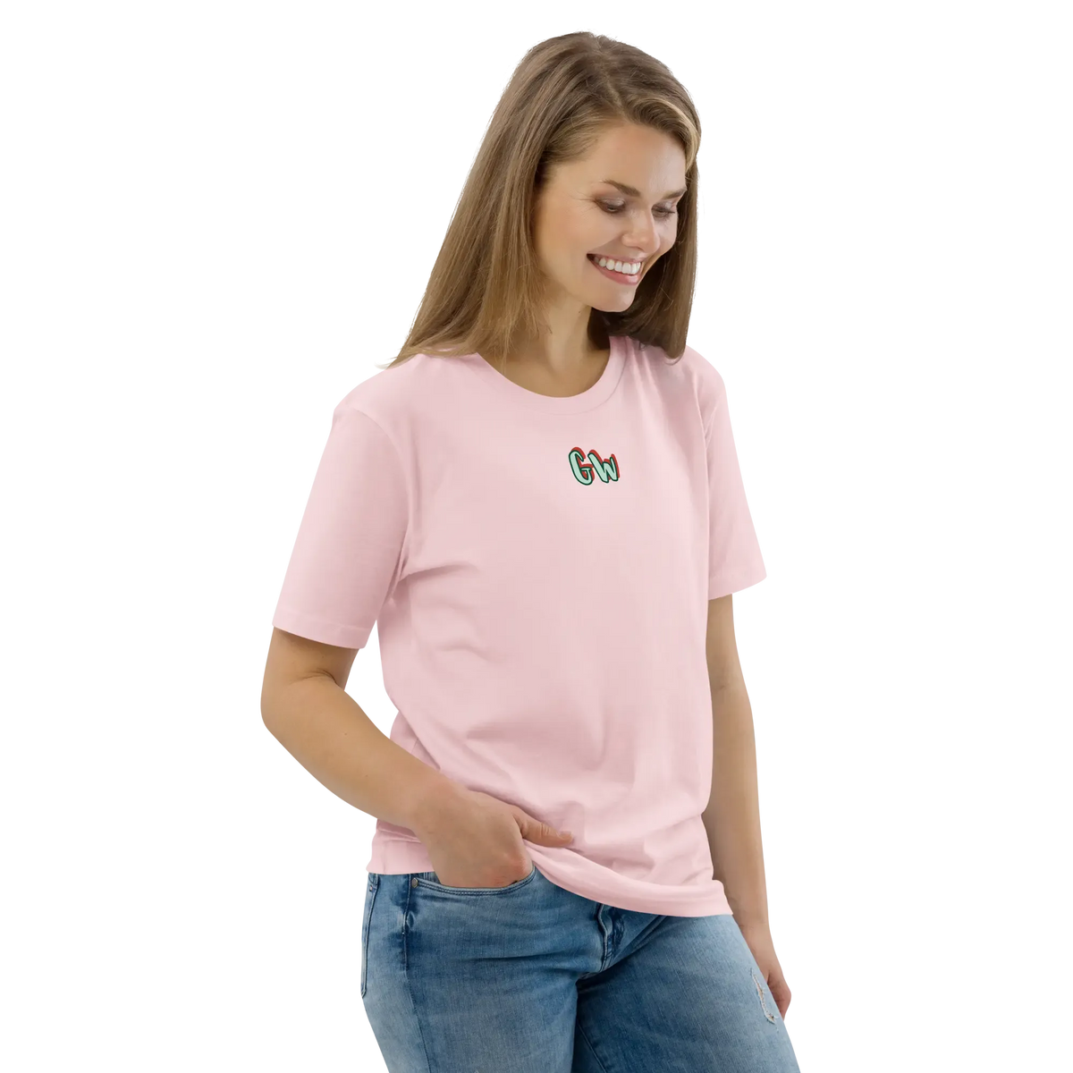 Pink unisex organic cotton T-shirt, front with small chest logo, crew neck and short sleeves.