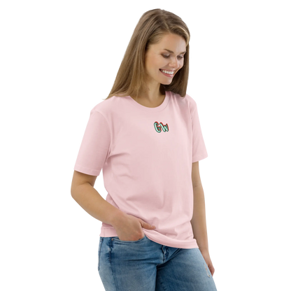 Pink unisex organic cotton T-shirt, crew neck, front logo at chest