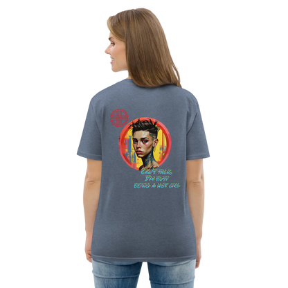 Unisex organic cotton T-shirt, heather grey, large back graphic print
