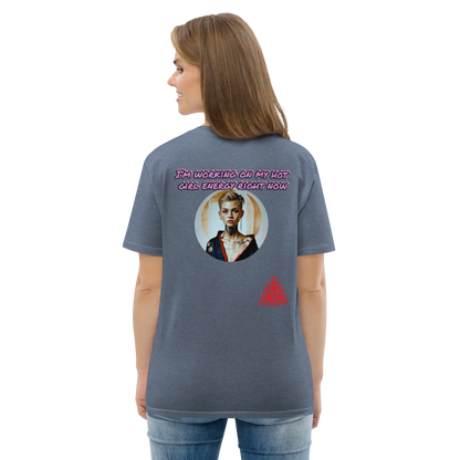 Unisex organic cotton t-shirt, dark heather grey; full back graphic portrait, text, red logo